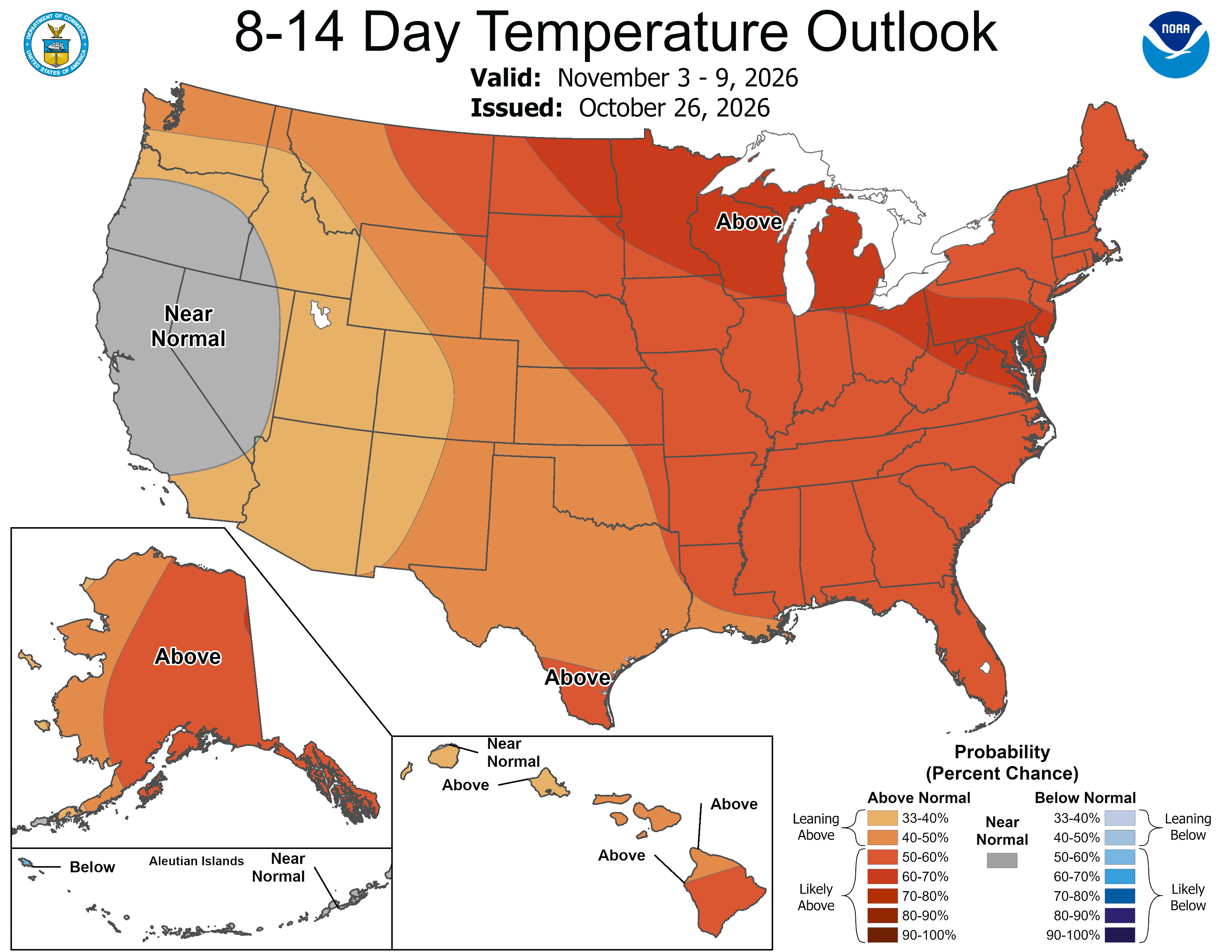 NWS Climate Prediction Center 8-14 Day Outlook temperature outlook for the continental United States