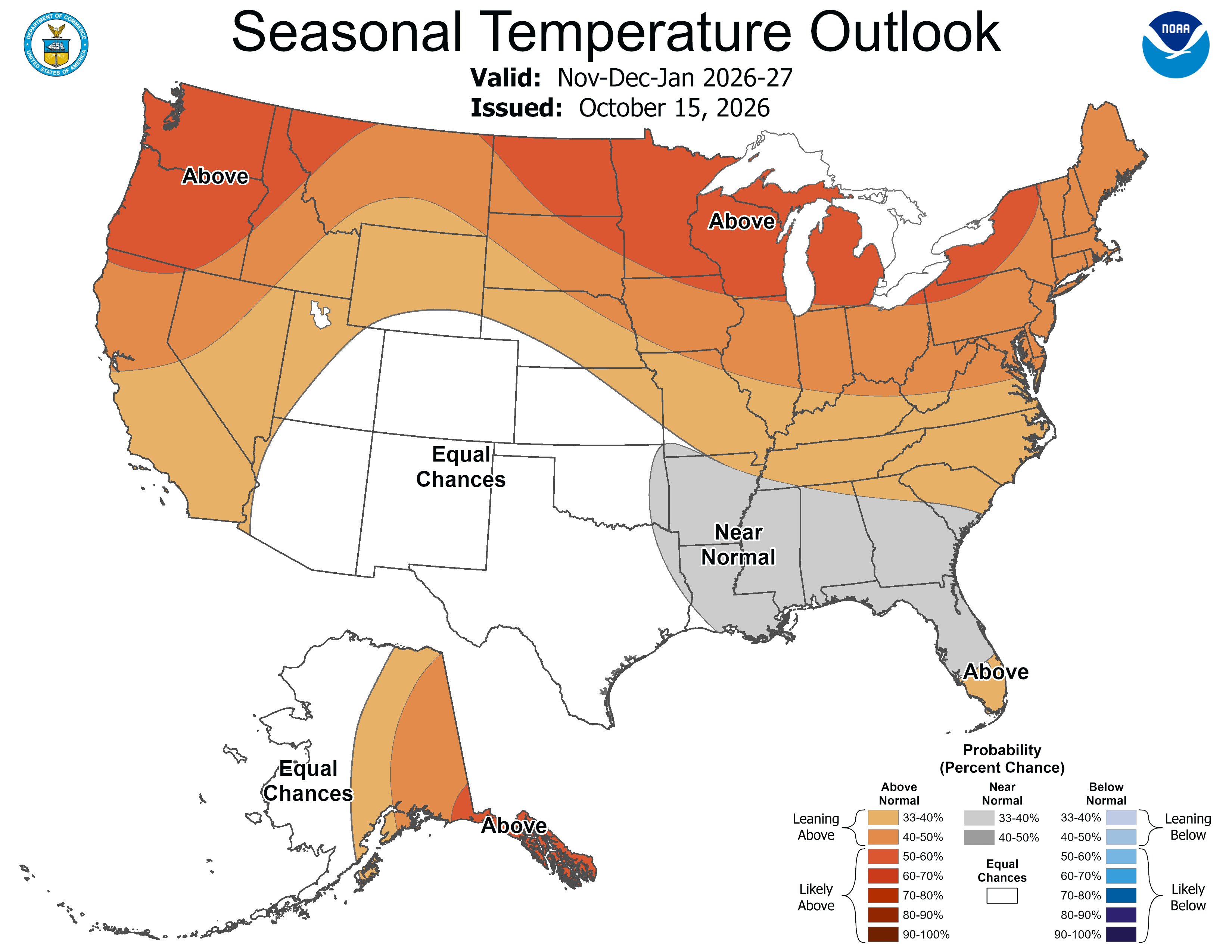 NWS Climate Prediction Center 90-Day Outlook temperature outlook for the continental United States